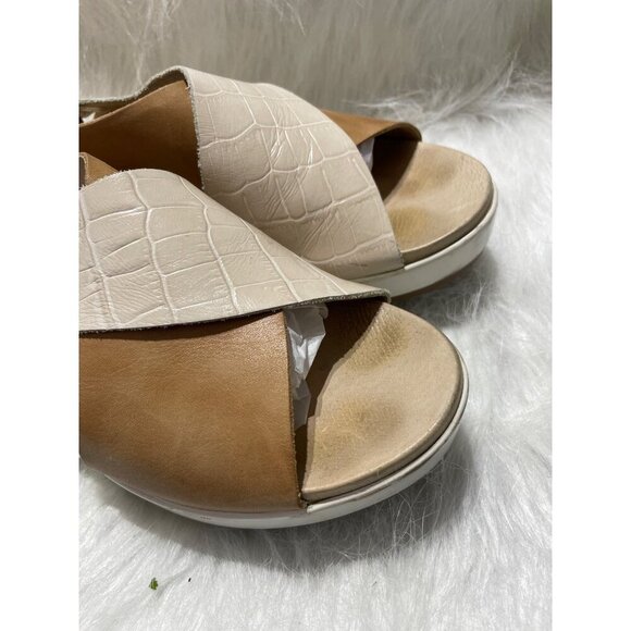 Pikolinos Womens Leather Sandals Beige & Tan Open Toe Croc Embossed Crisscross - Picture 2 of 8